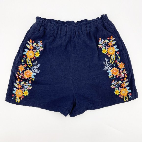 Savanna Jane Navy Blue Floral Embroidered High Waisted Crepe Shorts
